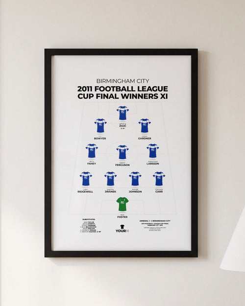 Birmingham City 2011 Football League Cup Final Winners XI framed print, black frame on a wall