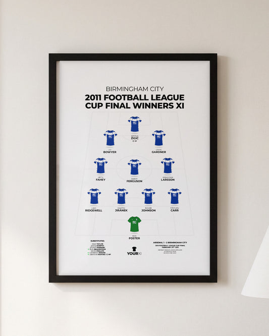 Birmingham City 2011 Football League Cup Final Winners XI framed print, black frame on a wall