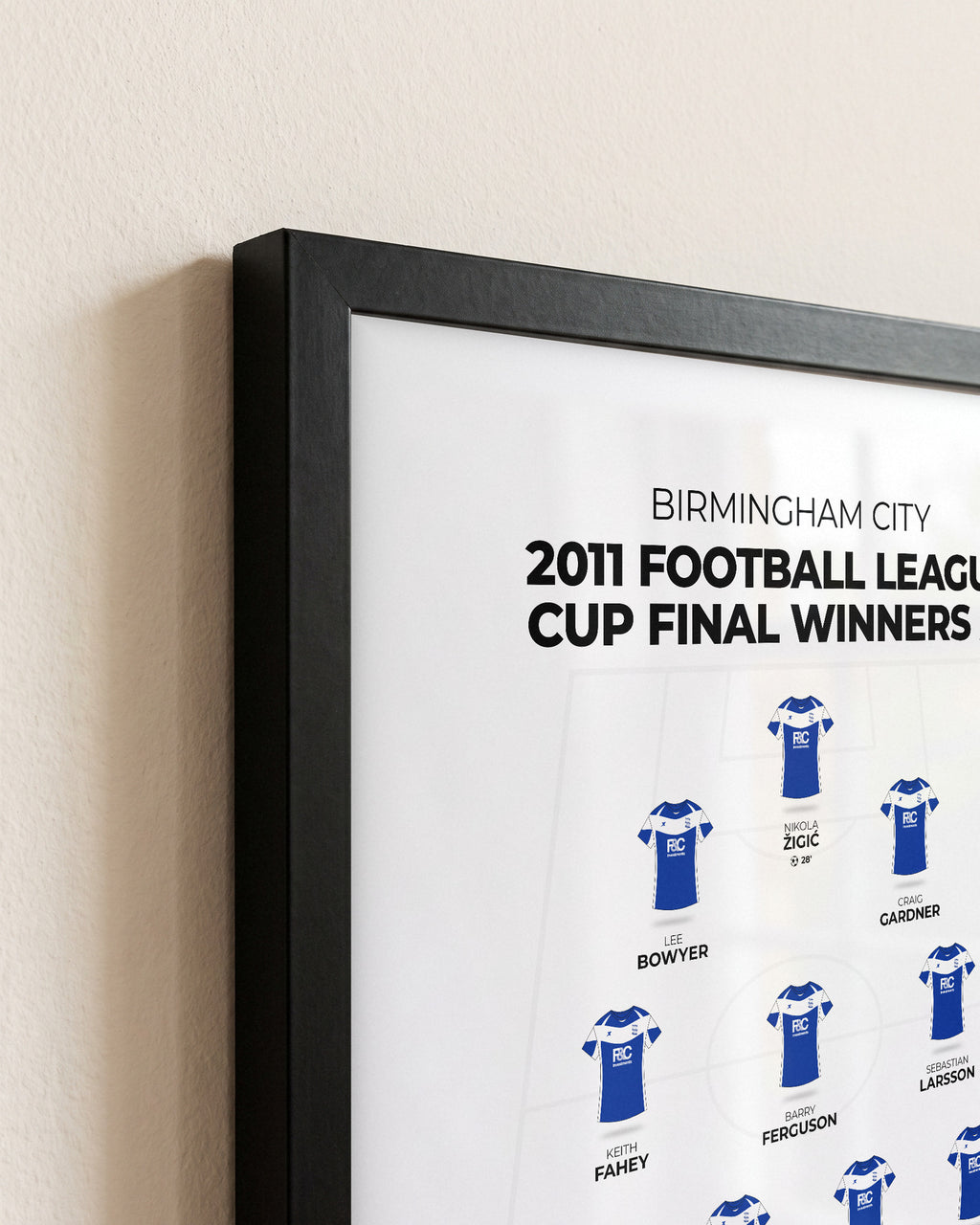 Birmingham City 2011 Football League Cup Final Winners XI framed print, close-up of the frame corner
