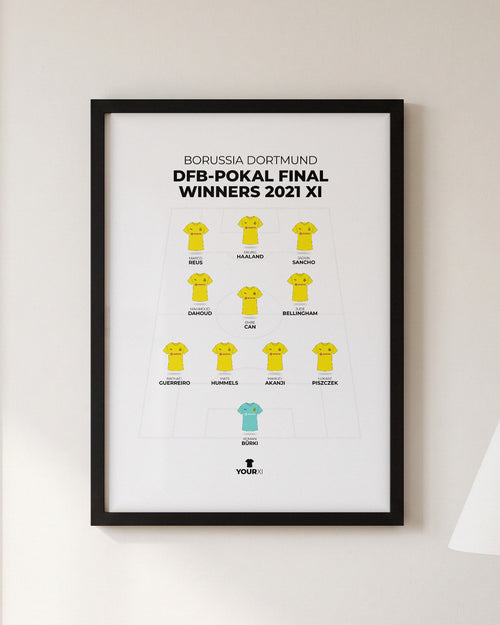 Borussia Dortmund DFB-Pokal Final Winners 2021 XI framed print, black frame on a wall
