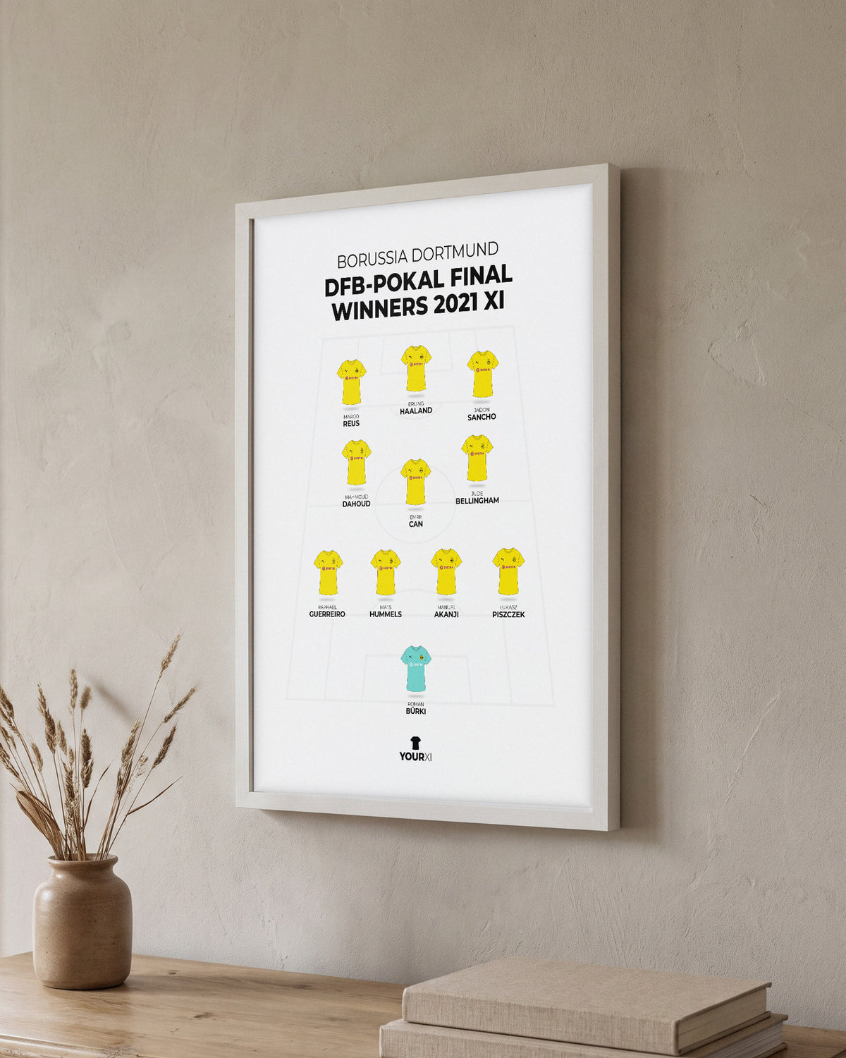 Borussia Dortmund DFB-Pokal Final Winners 2021 XI framed print, white frame on a wall