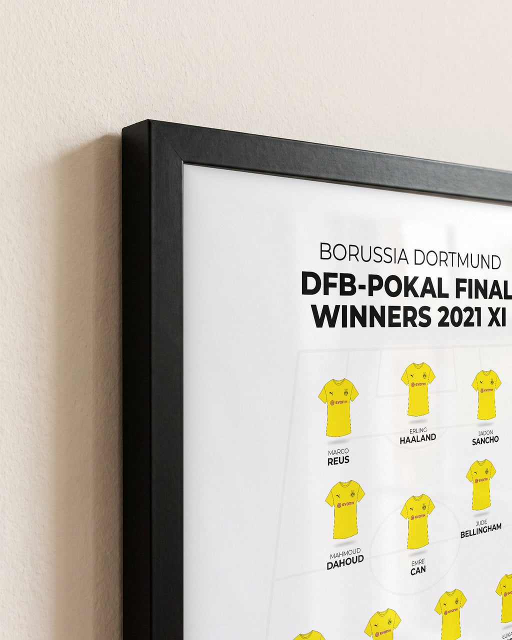Borussia Dortmund DFB-Pokal Final Winners 2021 XI framed print, close-up of the frame corner