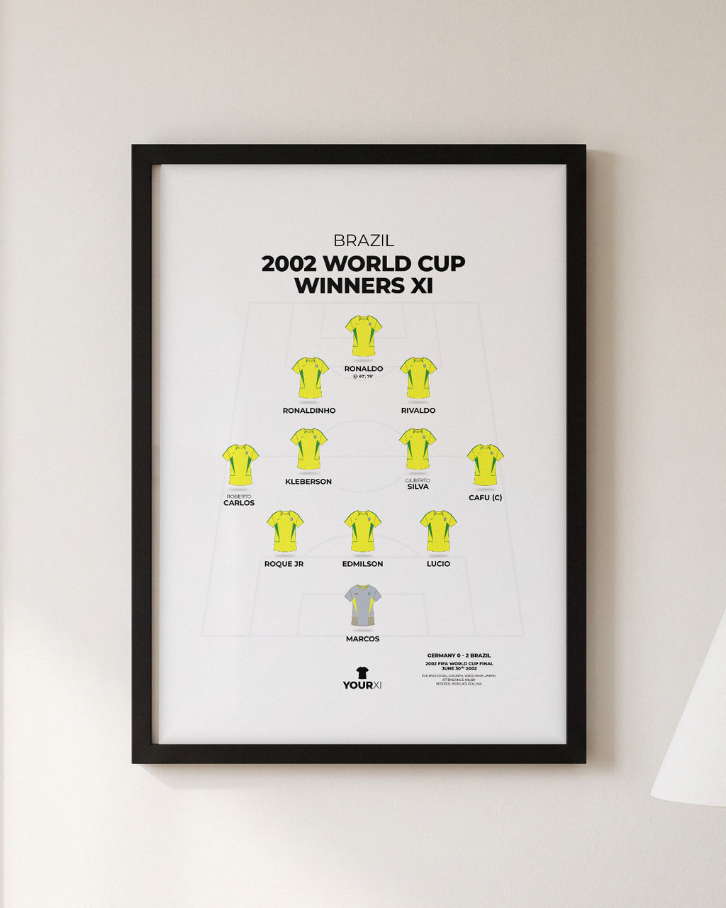 Brazil 2002 World Cup Winners XI framed print, black frame on a wall