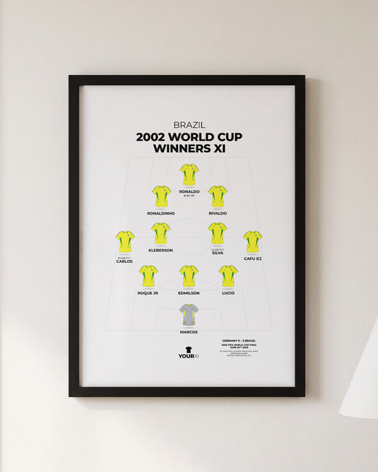 Brazil 2002 World Cup Winners XI framed print, black frame on a wall