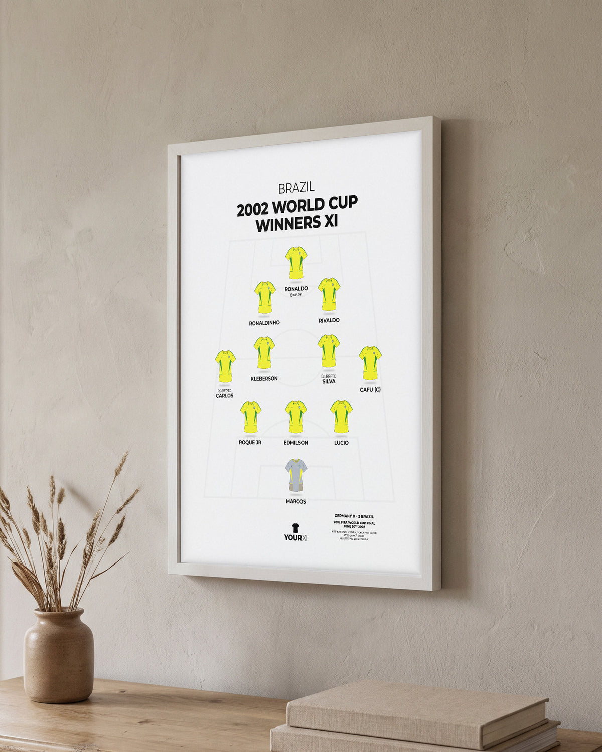 Brazil 2002 World Cup Winners XI framed print, white frame on a wall