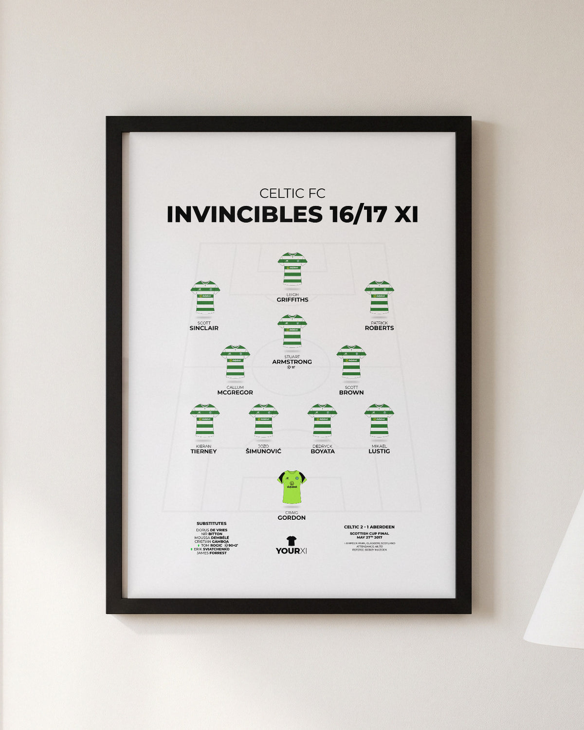 Celtic Invincibles 2016/17 XI framed print, black frame on a wall