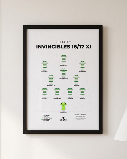 Celtic Invincibles 2016/17 XI framed print, black frame on a wall