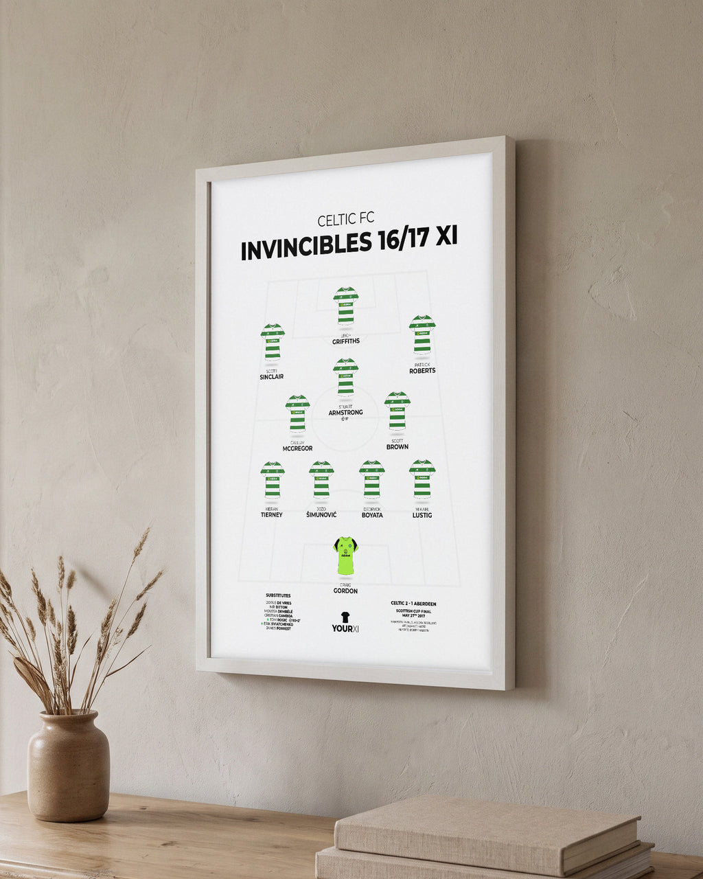 Celtic Invincibles 2016/17 XI framed print, white frame on a wall