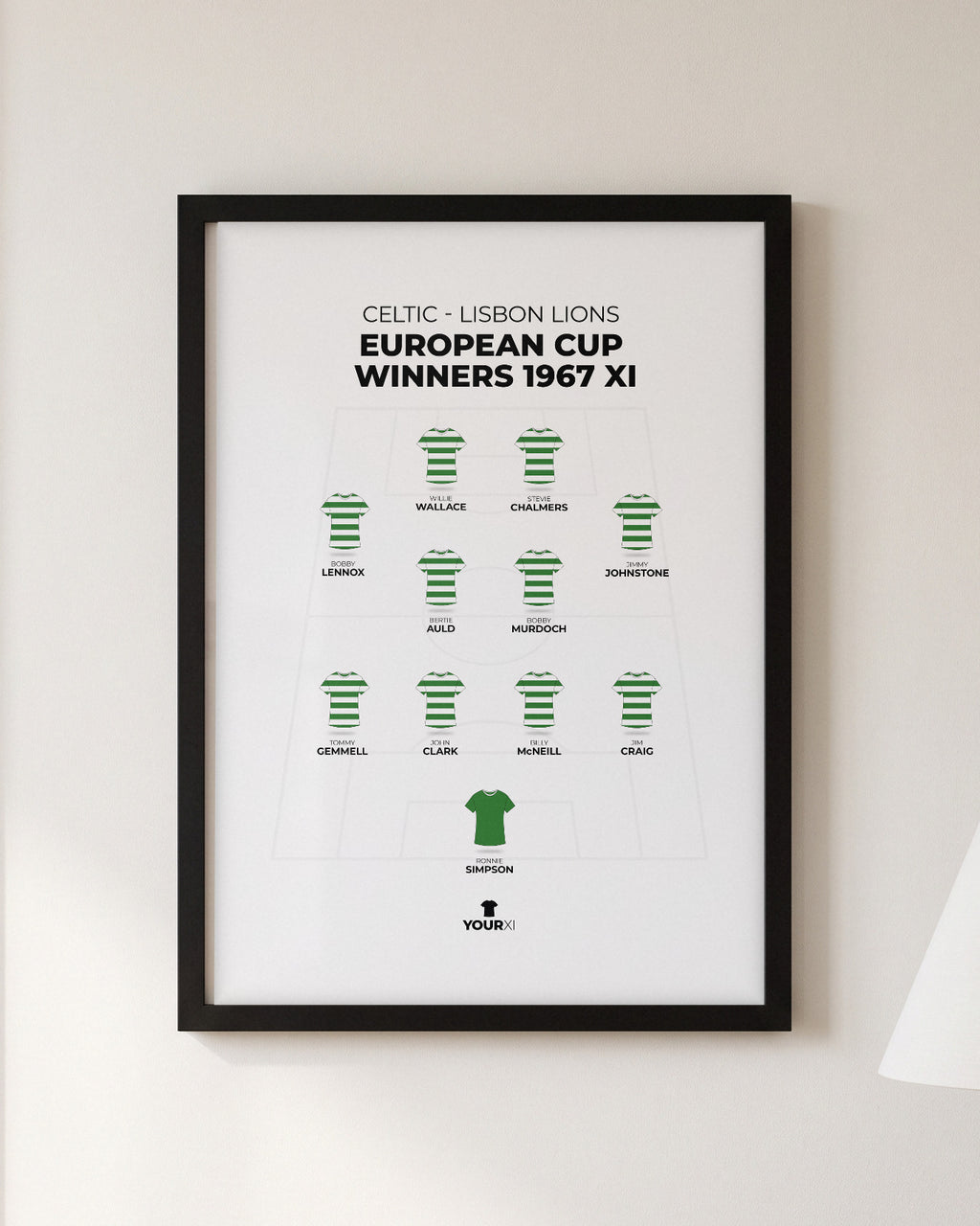 Celtic Lisbon Lions European Cup Winners 1967 XI framed print, black frame on a wall