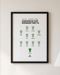 Celtic Lisbon Lions European Cup Winners 1967 XI framed print, black frame on a wall