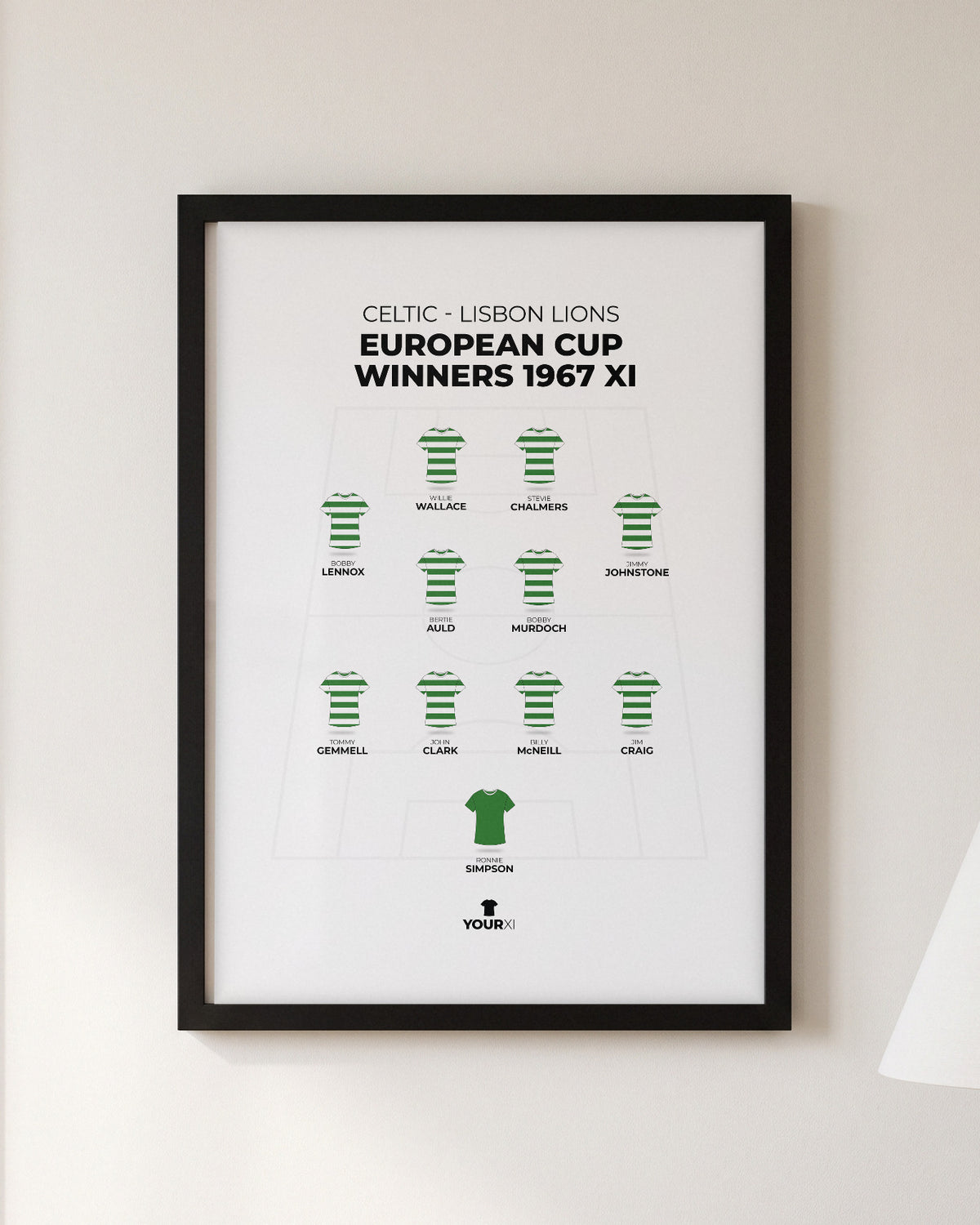 Celtic Lisbon Lions European Cup Winners 1967 XI framed print, black frame on a wall