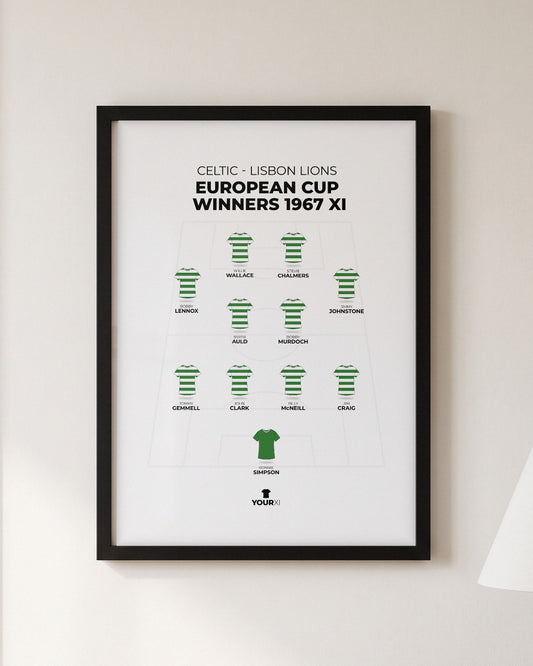 Celtic Lisbon Lions European Cup Winners 1967 XI framed print, black frame on a wall