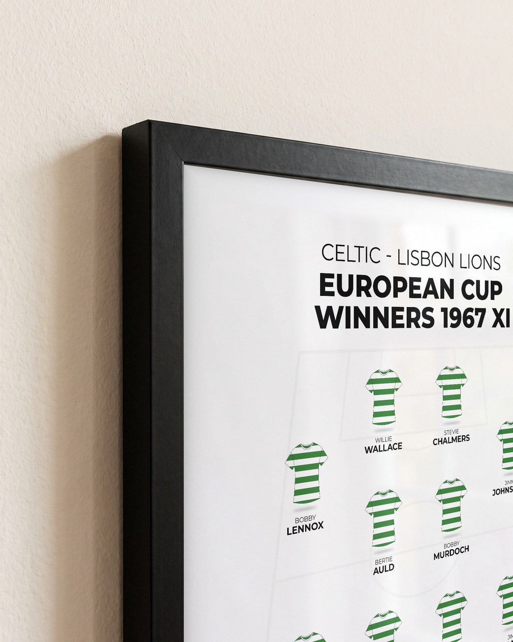 Celtic Lisbon Lions European Cup Winners 1967 XI framed print, close-up of the frame corner