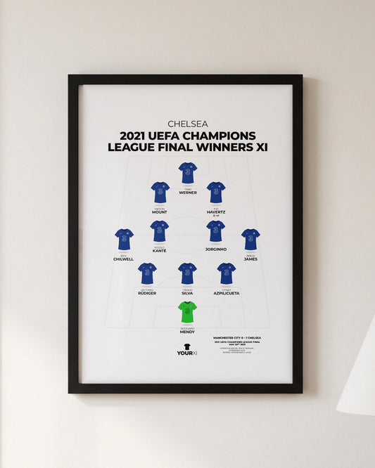 Chelsea 2021 Champions League Final Winners XI framed print, black frame on a wall