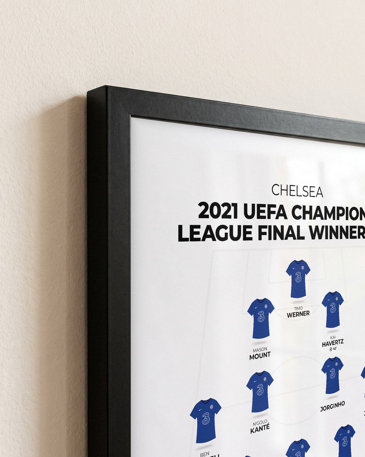 Chelsea 2021 Champions League Final Winners XI framed print, close-up of the frame corner