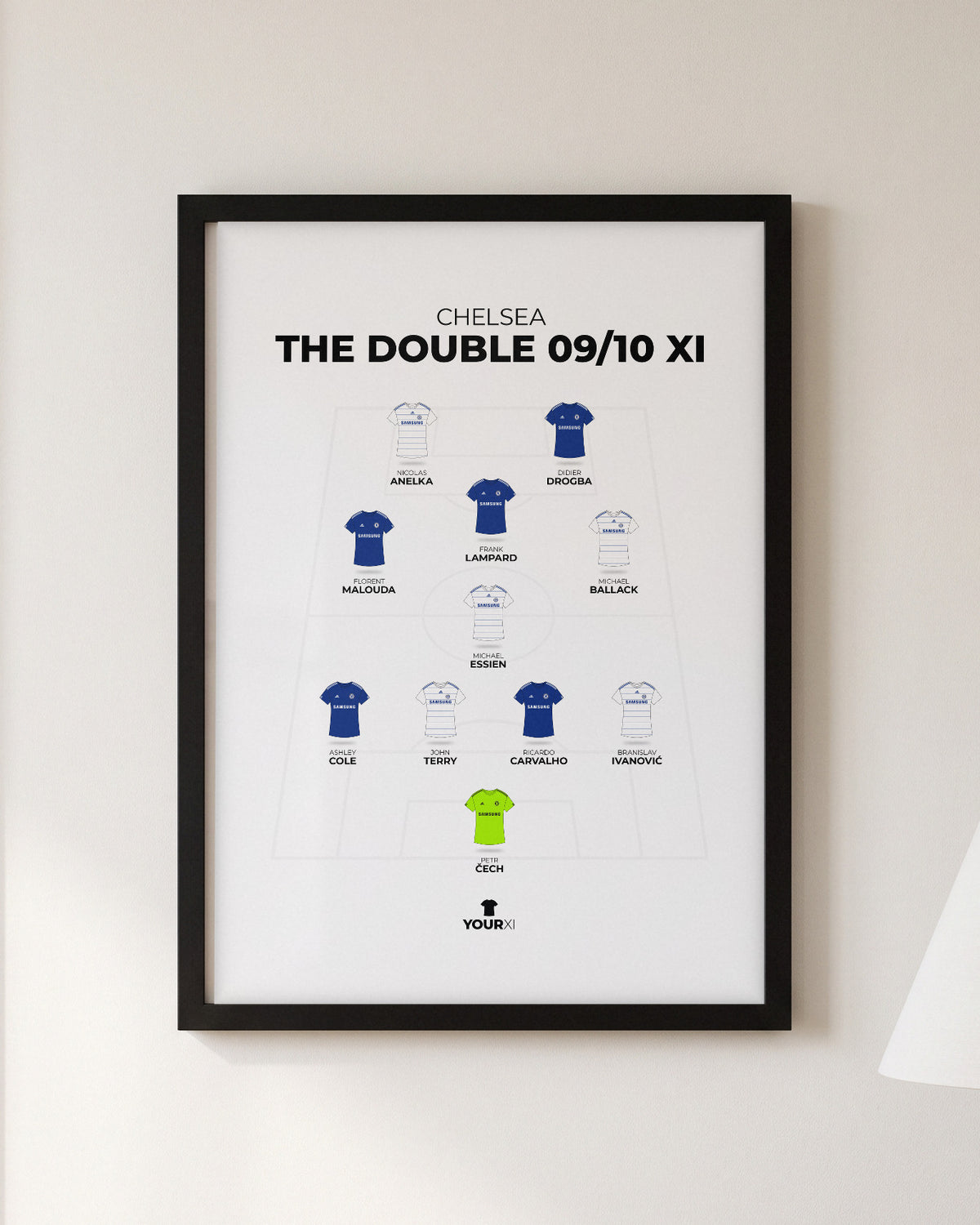 Chelsea The Double 2009/10 XI framed print, black frame on a wall