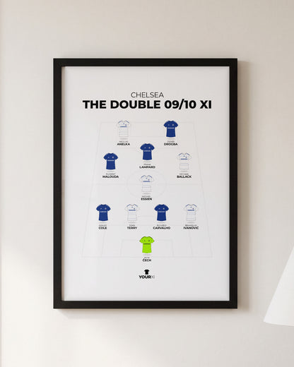 Chelsea The Double 2009/10 XI framed print, black frame on a wall