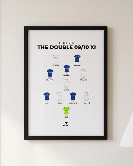 Chelsea The Double 2009/10 XI framed print, black frame on a wall