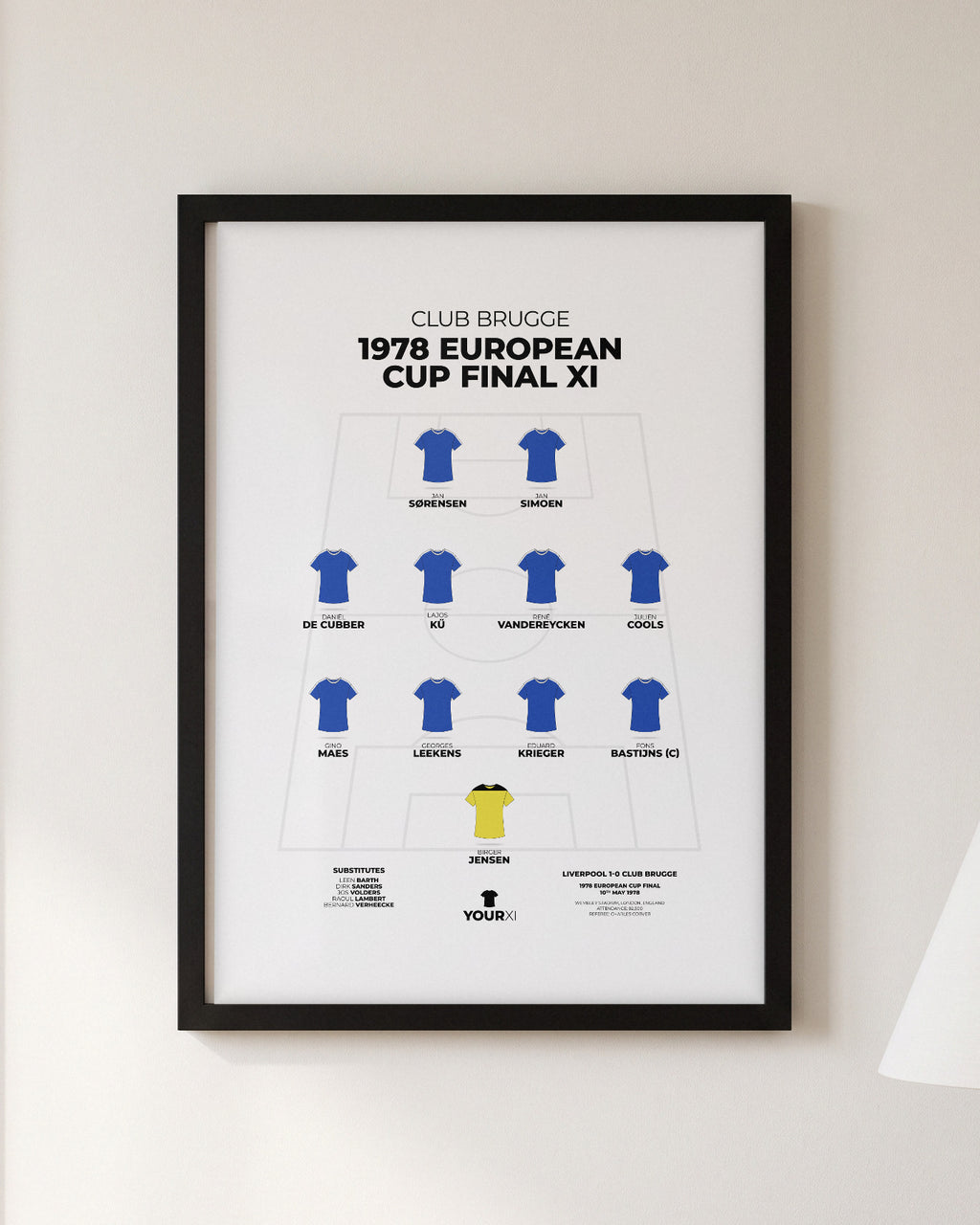 Club Brugge 1978 European Cup Final XI framed print, black frame on a wall