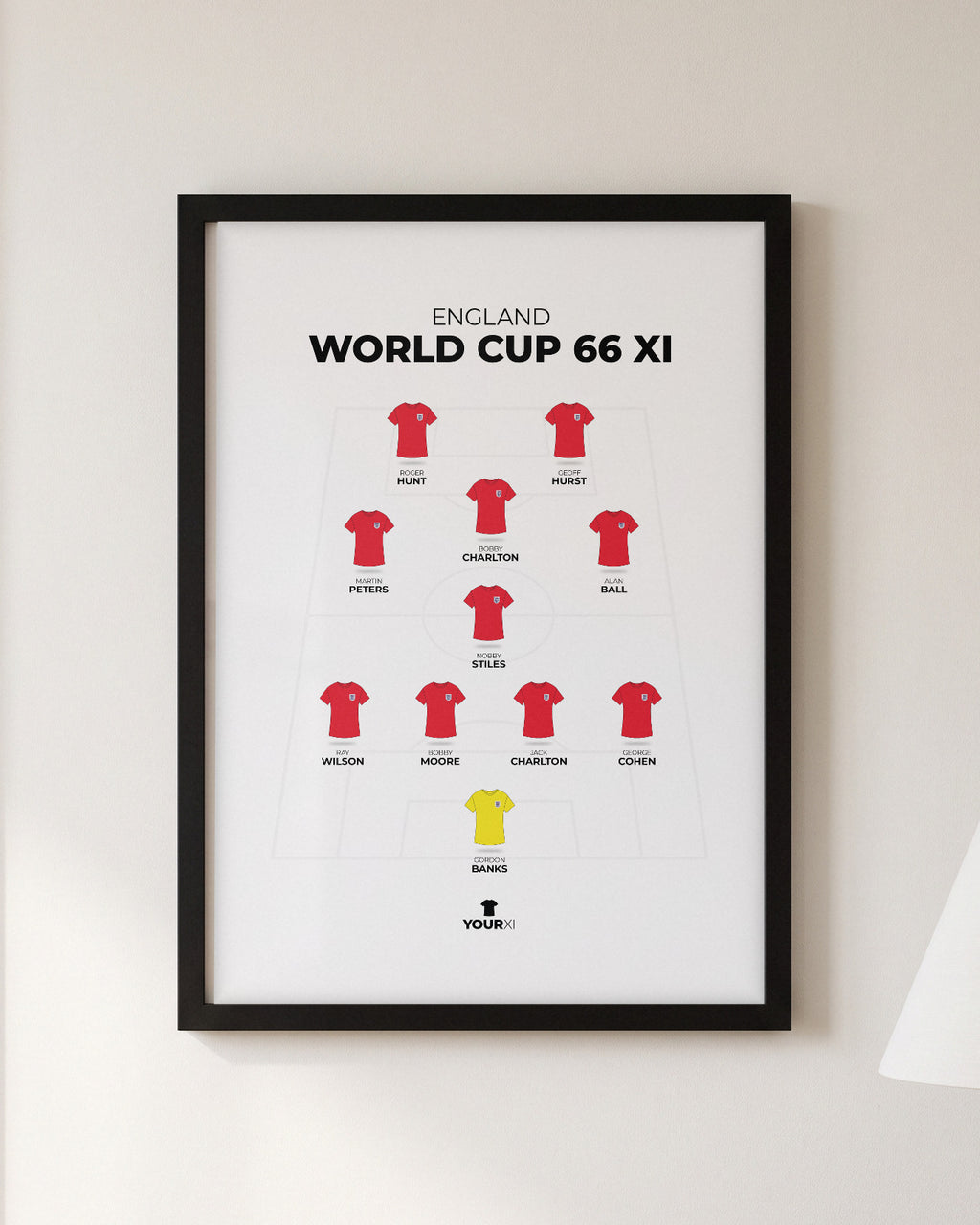 England 1966 World Cup Winners XI framed print, black frame on a wall