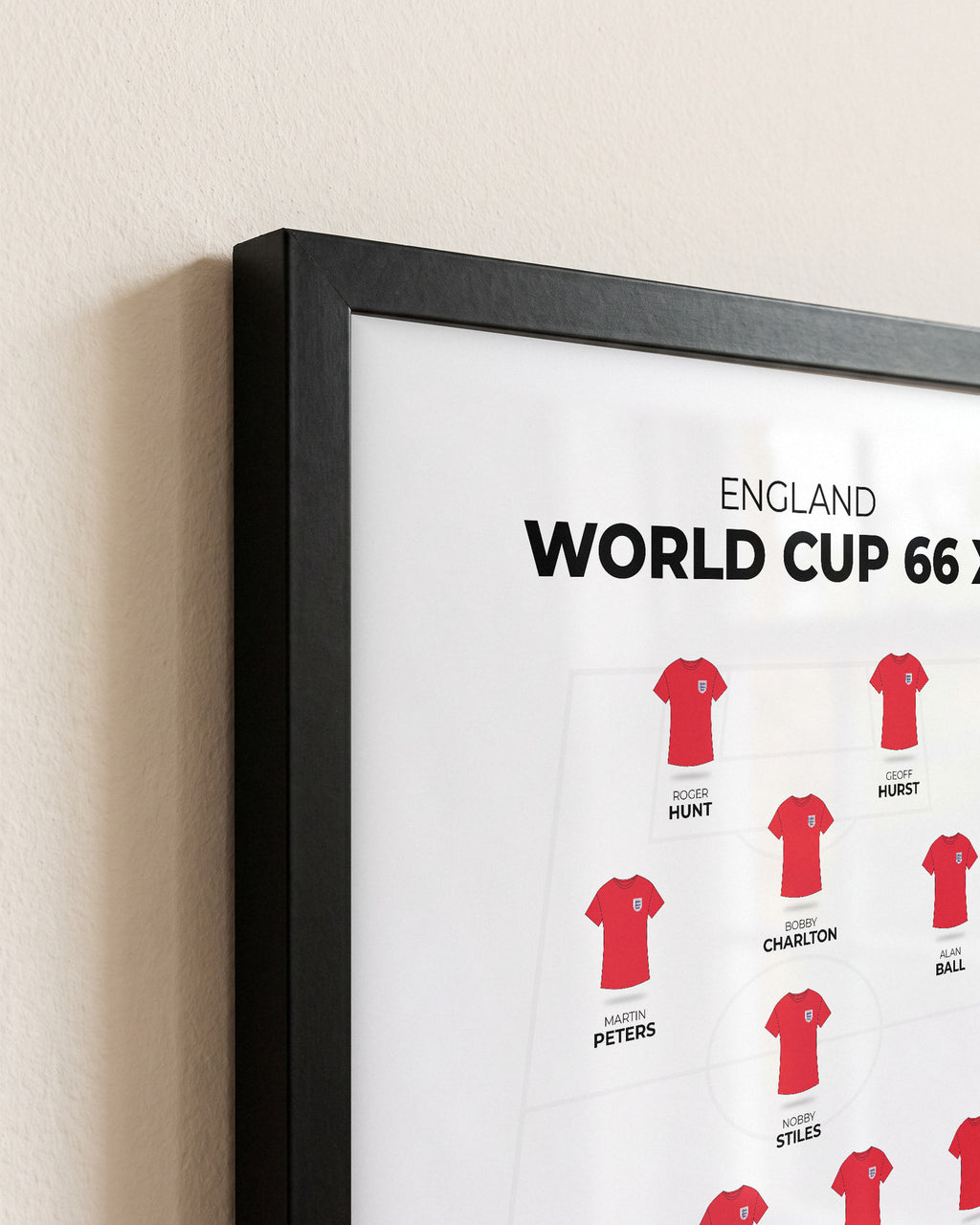 England 1966 World Cup Winners XI framed print, close-up of the frame corner