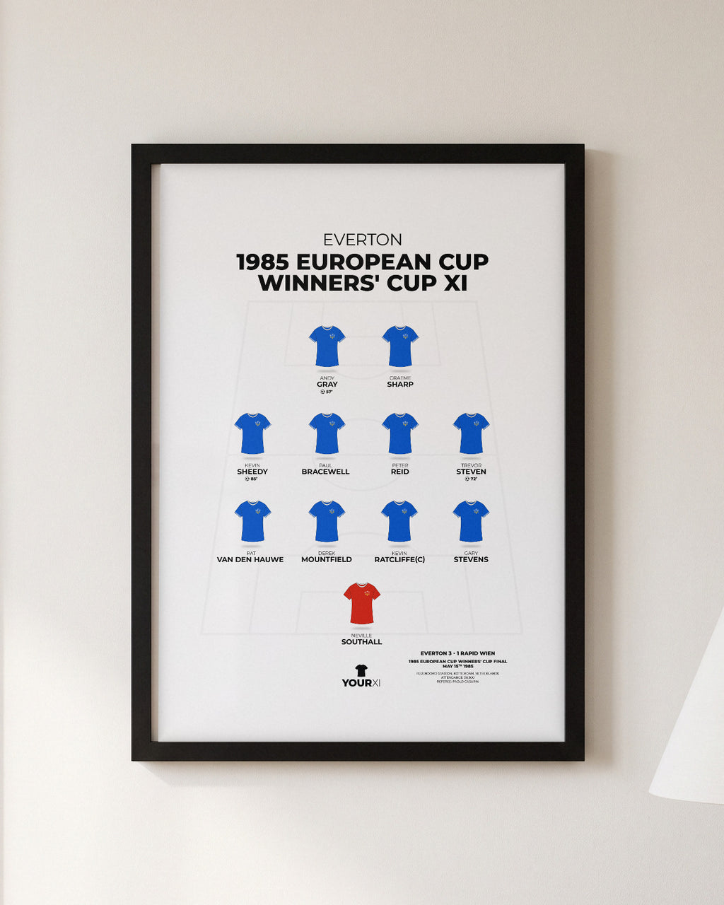 Everton 1985 European Cup Winners' Cup XI framed print, black frame on a wall