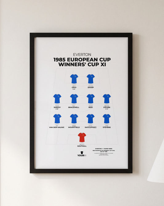 Everton 1985 European Cup Winners' Cup XI framed print, black frame on a wall