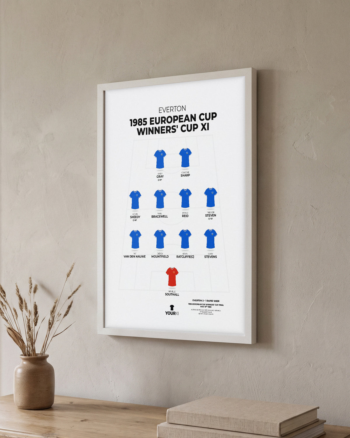 Everton 1985 European Cup Winners' Cup XI framed print, white frame on a wall