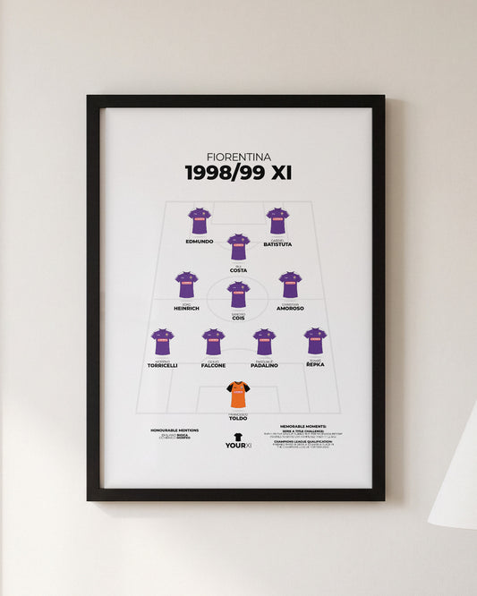 Fiorentina All-Time XI framed print, black frame on a wall