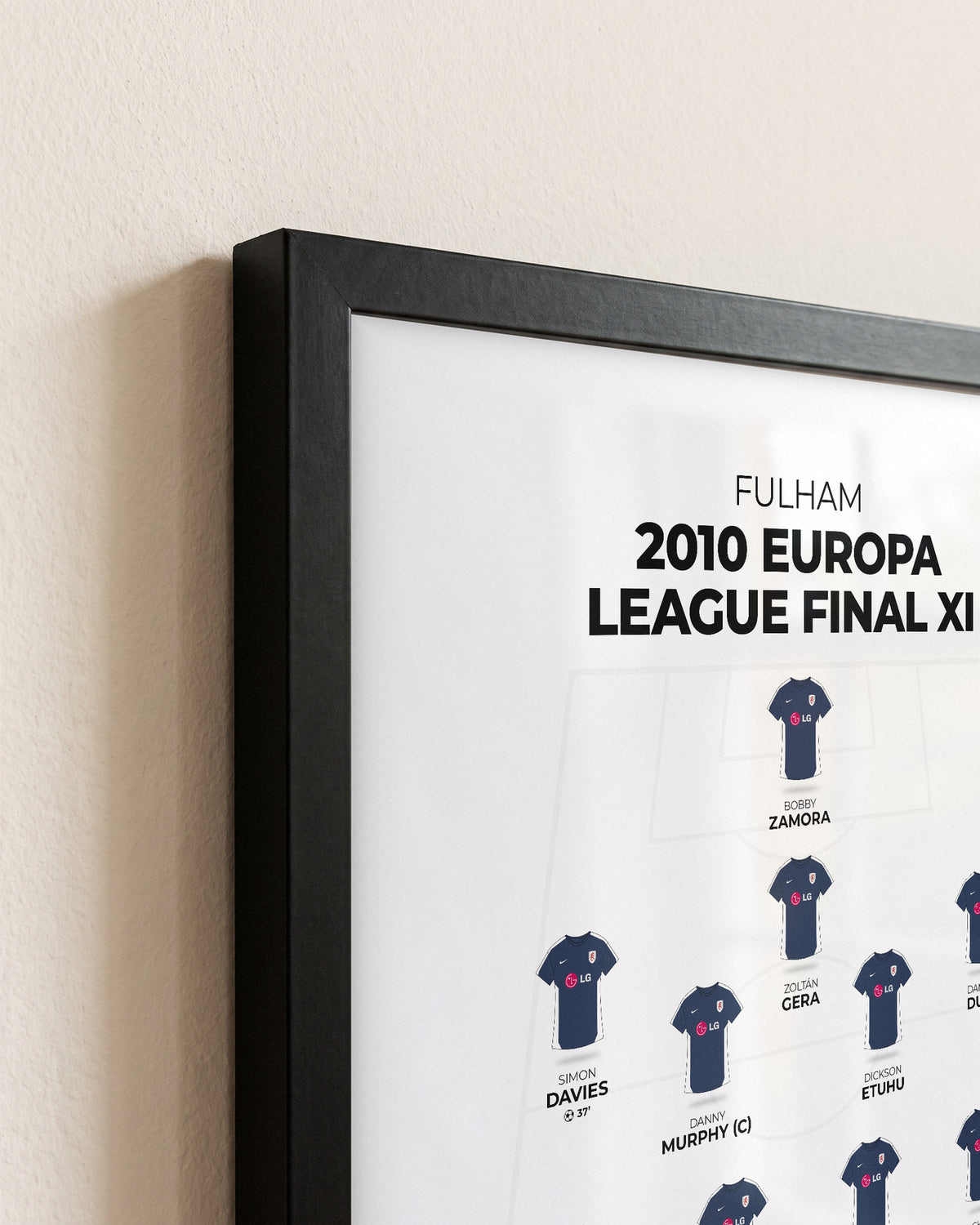 Fulham 2010 Europa League Final XI framed print, close-up of the frame corner