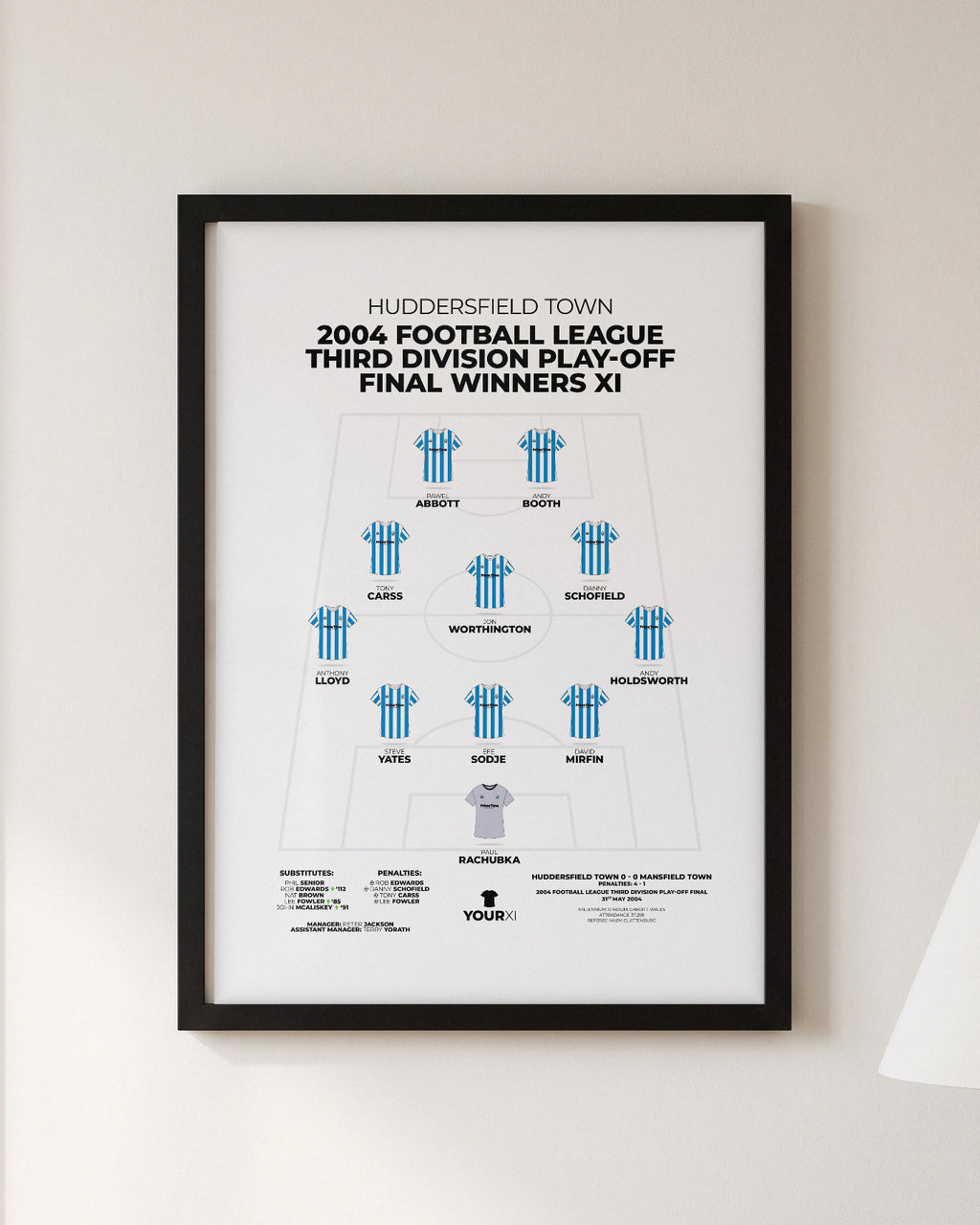 Huddersfield Town 2004 Play-Off Final Winners XI framed print, black frame on a wall