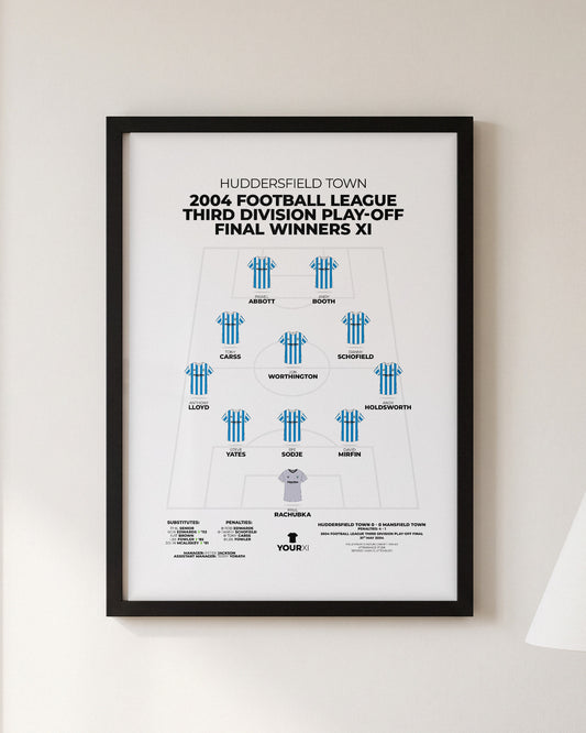 Huddersfield Town 2004 Play-Off Final Winners XI framed print, black frame on a wall