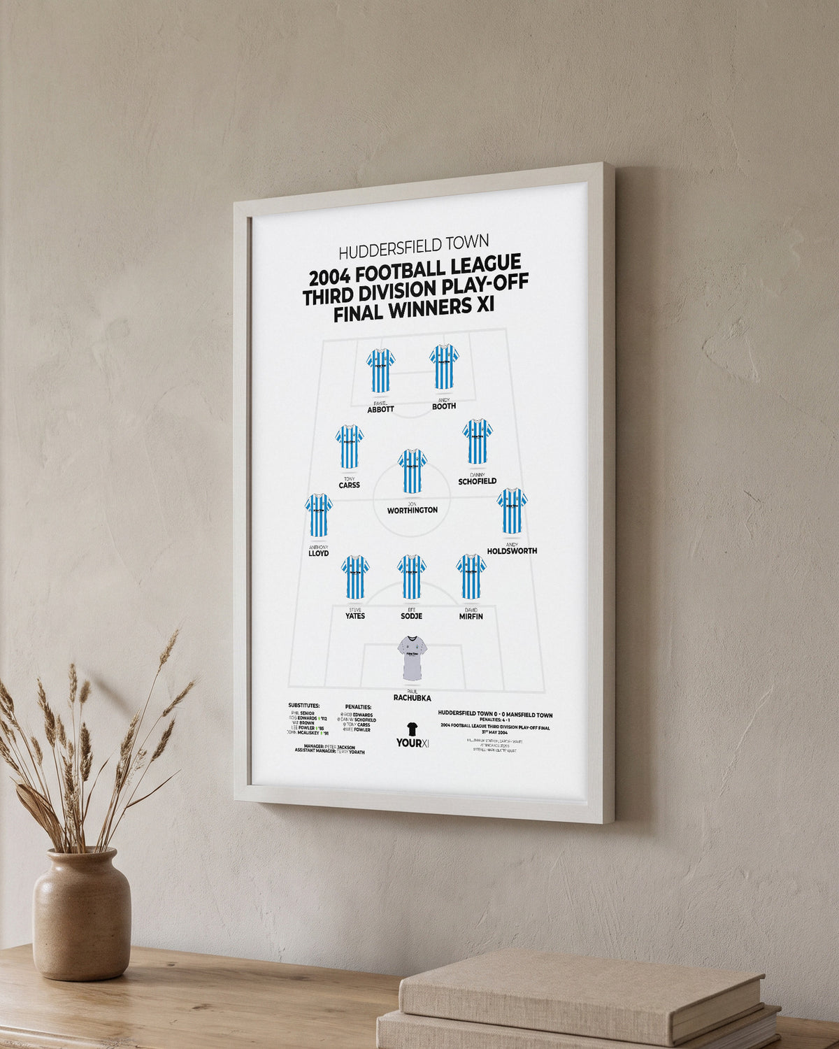 Huddersfield Town 2004 Play-Off Final Winners XI framed print, white frame on a wall