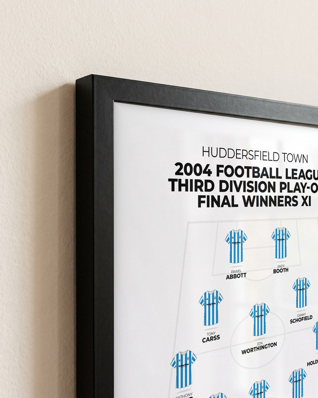 Huddersfield Town 2004 Play-Off Final Winners XI framed print, close-up of the frame corner