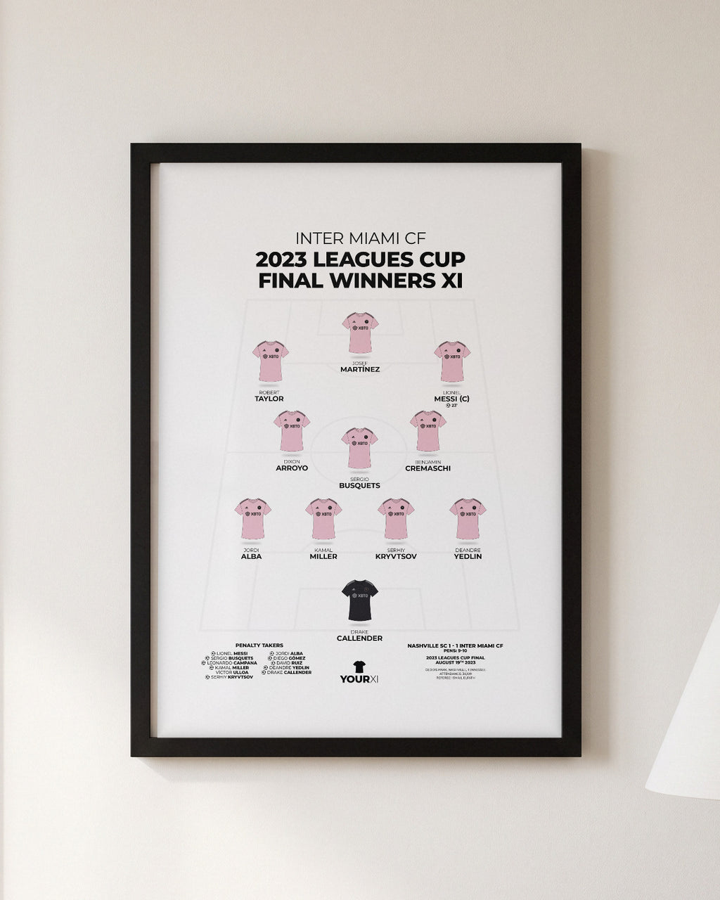 Inter Miami CF 2023 Leagues Cup Final Winners XI framed print, black frame on a wall