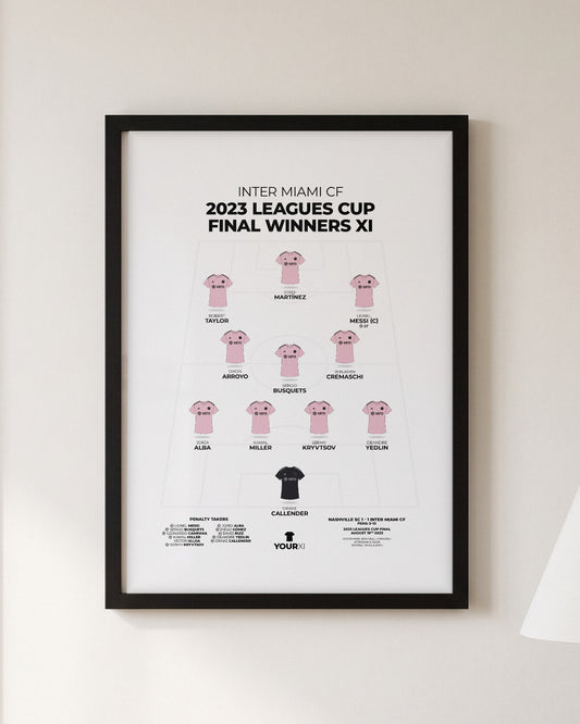Inter Miami CF 2023 Leagues Cup Final Winners XI framed print, black frame on a wall