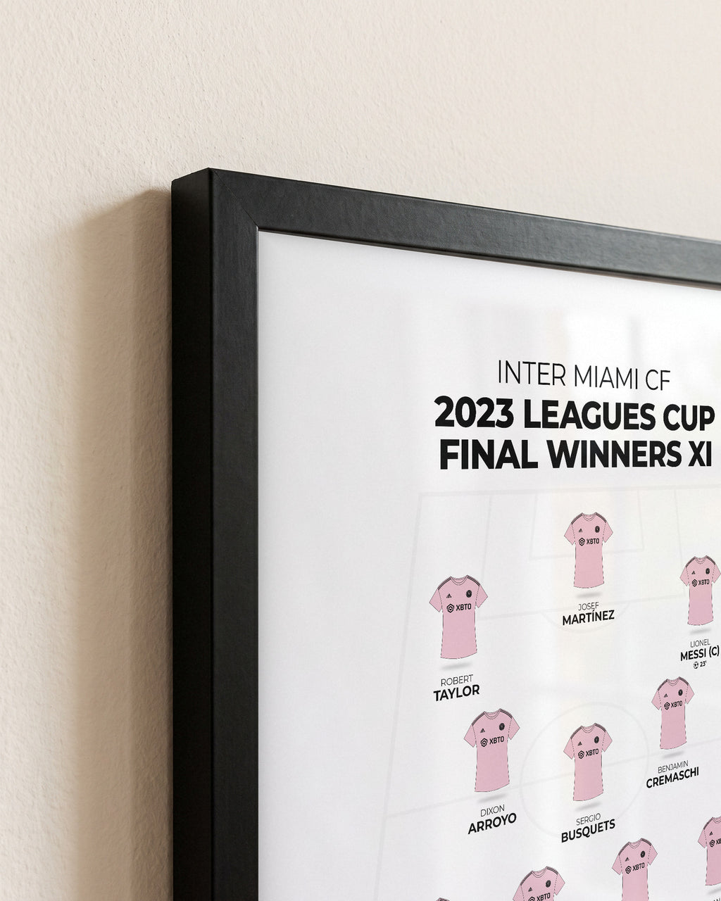 Inter Miami CF 2023 Leagues Cup Final Winners XI framed print, close-up of the frame corner