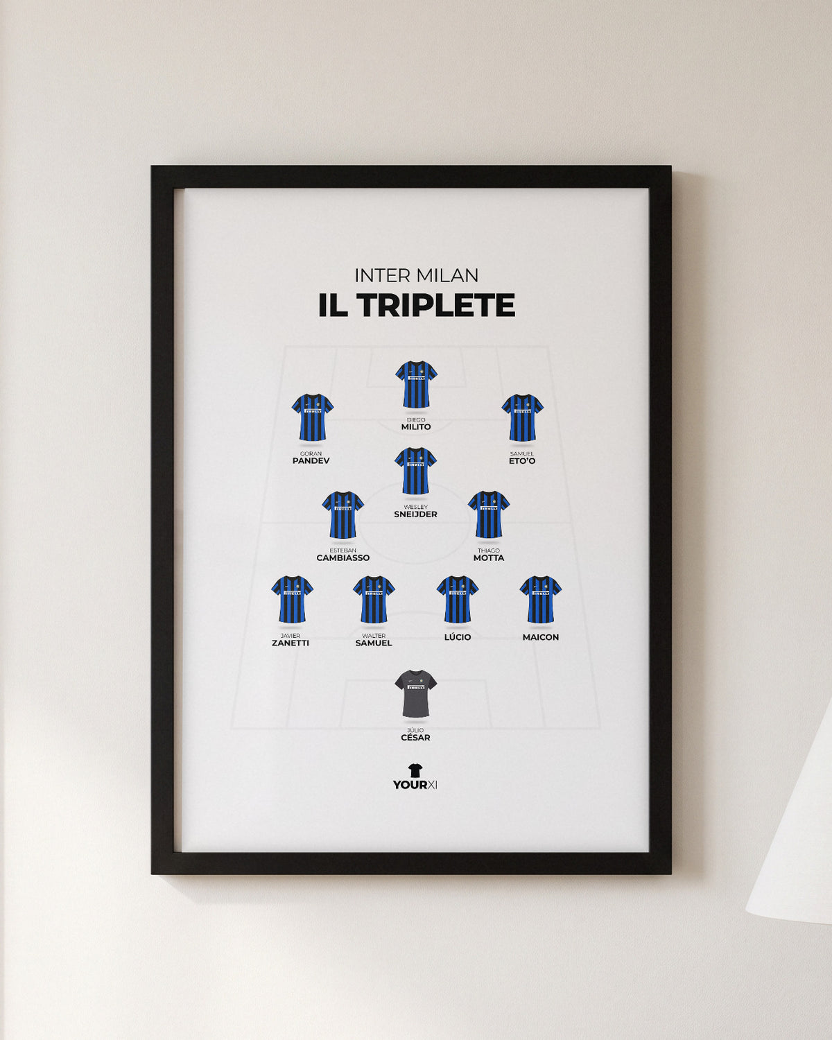 Inter Milan Il Triplete XI framed print, black frame on a wall