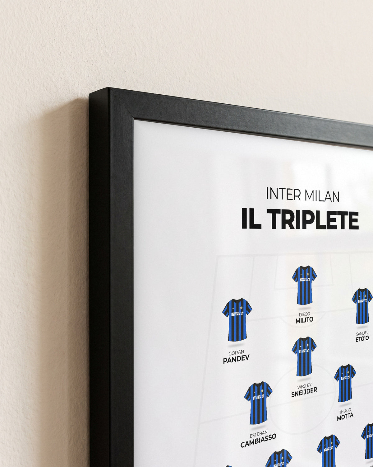 Inter Milan Il Triplete XI framed print, close-up of the frame corner