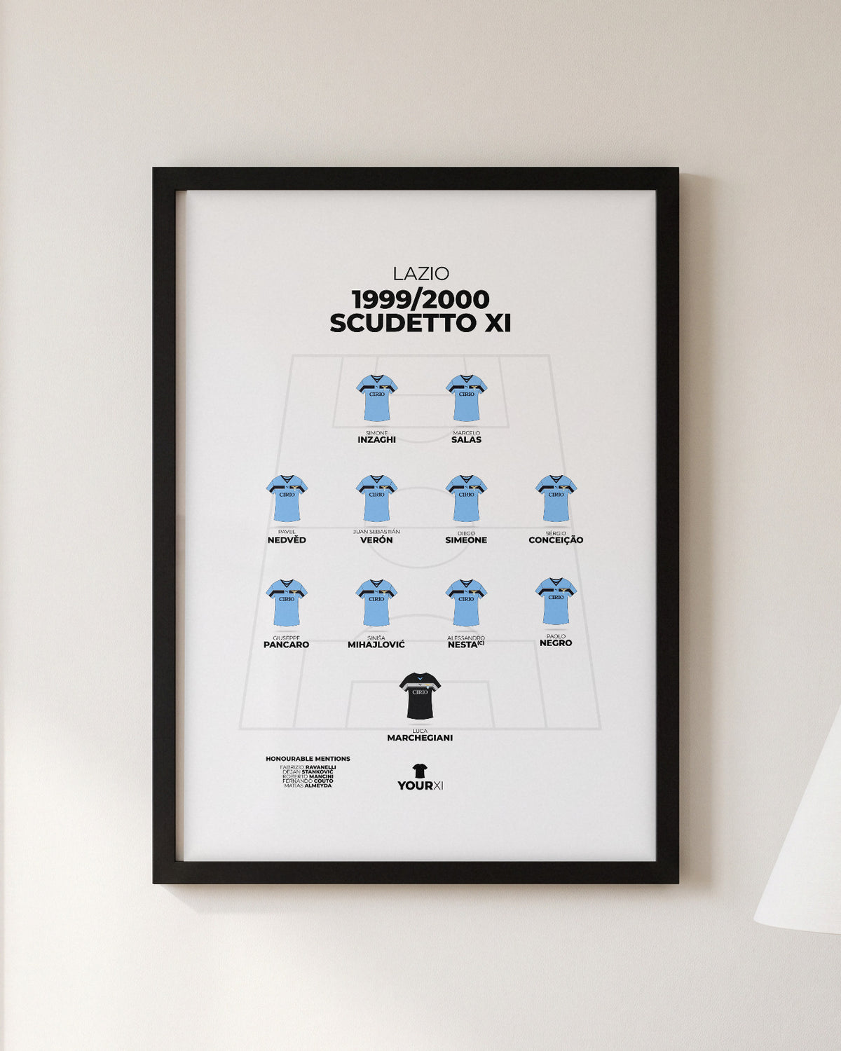 Lazio All-Time XI framed print, black frame on a wall