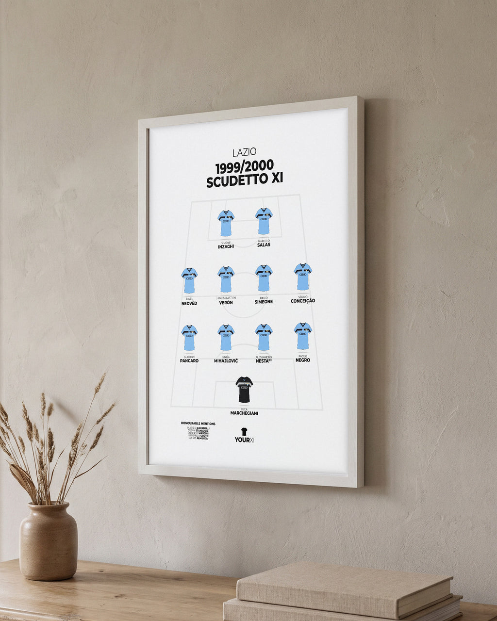 Lazio All-Time XI framed print, white frame on a wall