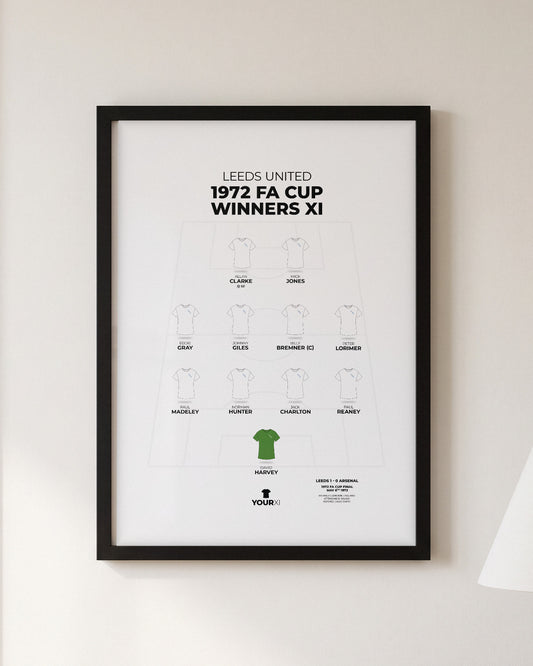 Leeds United 1972 FA Cup Winners XI framed print, black frame on a wall