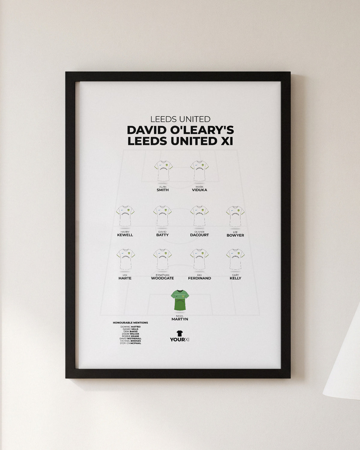 David O'Leary's Leeds United XI framed print, black frame on a wall