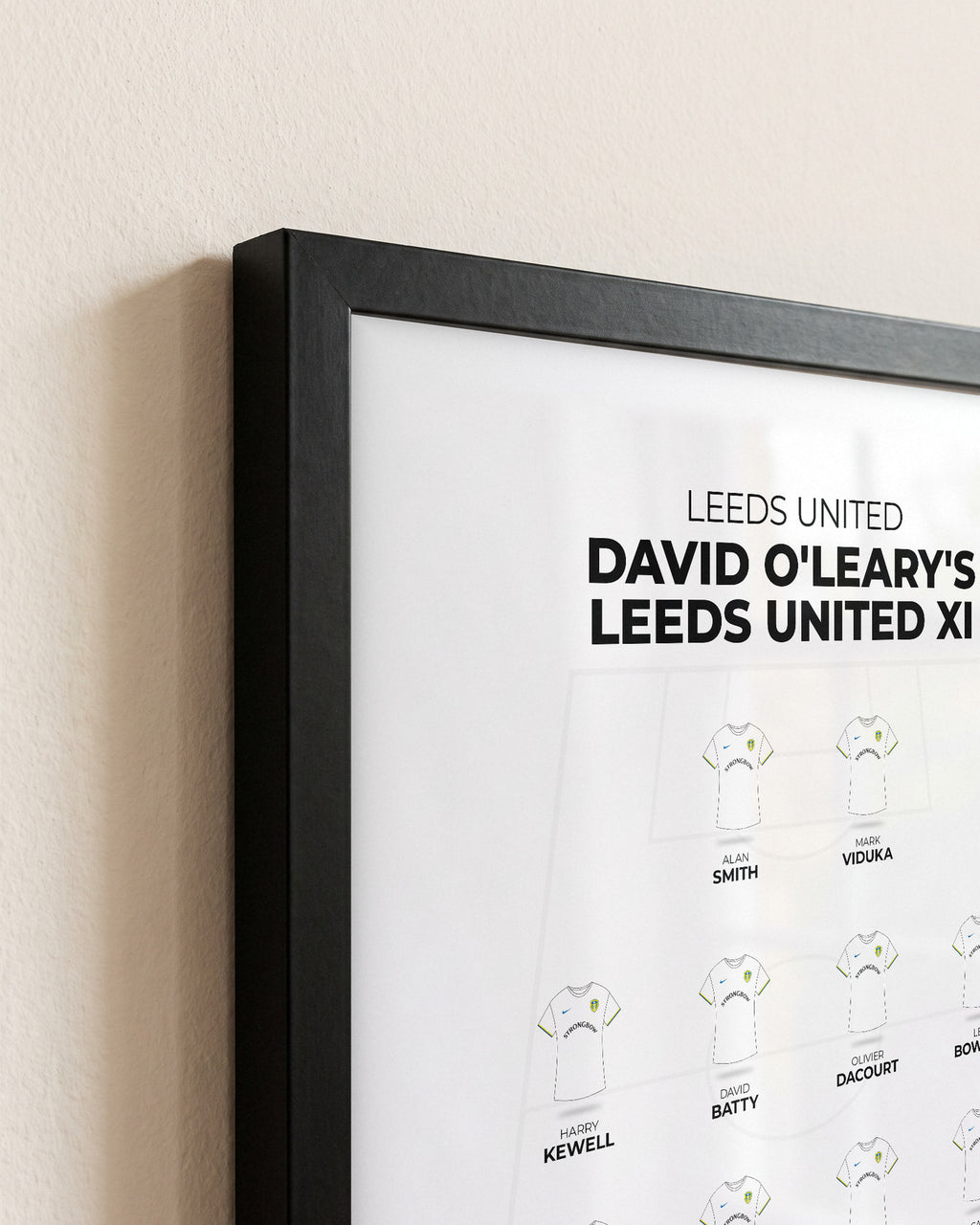 David O'Leary's Leeds United XI framed print, close-up of the frame corner