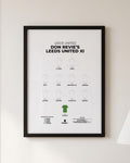 Don Revie's Leeds United XI framed print, black frame on a wall
