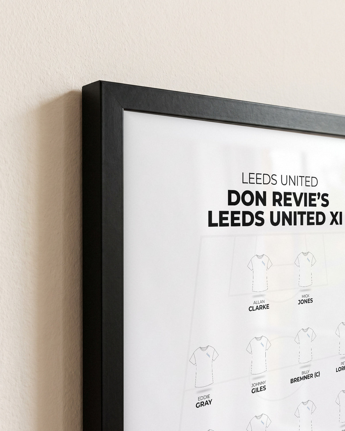 Don Revie's Leeds United XI framed print, close-up of the frame corner