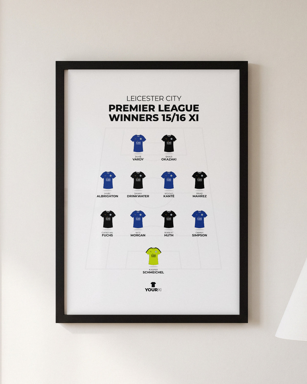 Leicester City Premier League Winners 2015/16 XI framed print, black frame on a wall