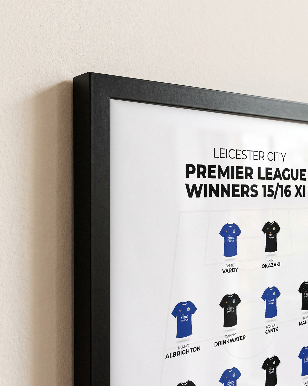 Leicester City Premier League Winners 2015/16 XI framed print, close-up of the frame corner