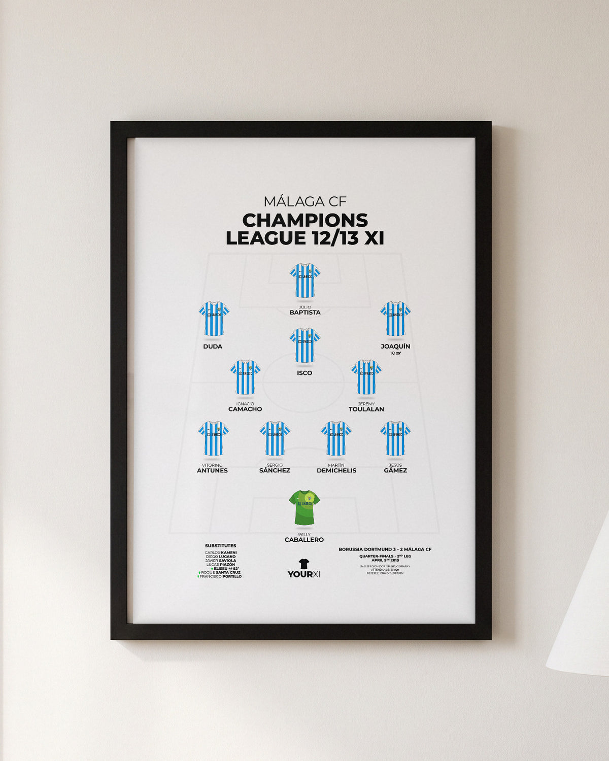 Málaga CF Champions League 2012/13 XI framed print, black frame on a wall