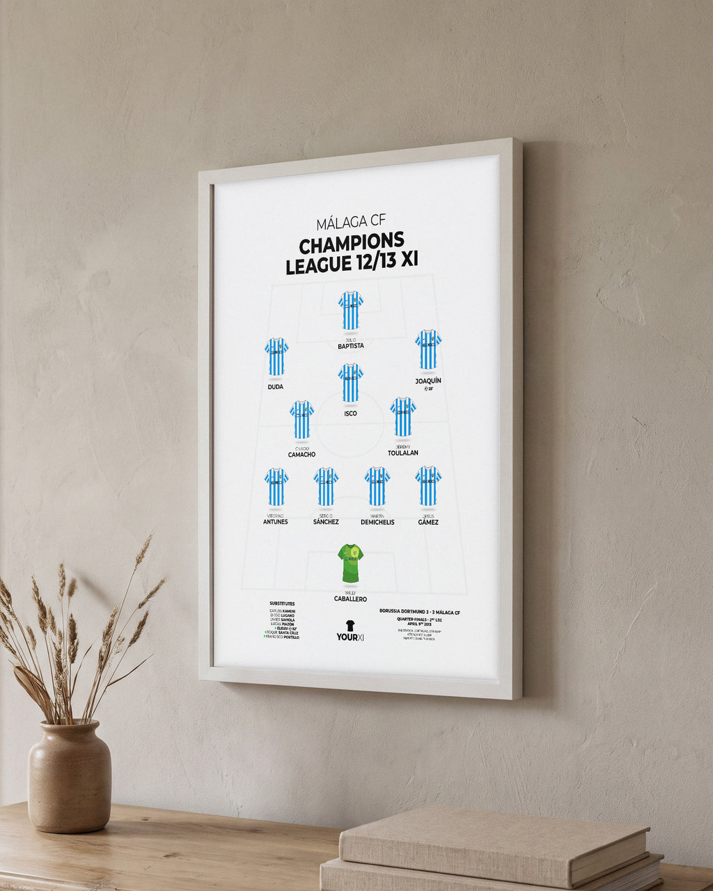 Málaga CF Champions League 2012/13 XI framed print, white frame on a wall